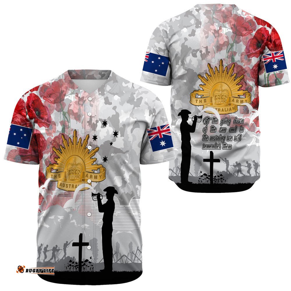 Anzac Day Lest We Forget Camouflage & Poppy Baseball Jersey Shirt