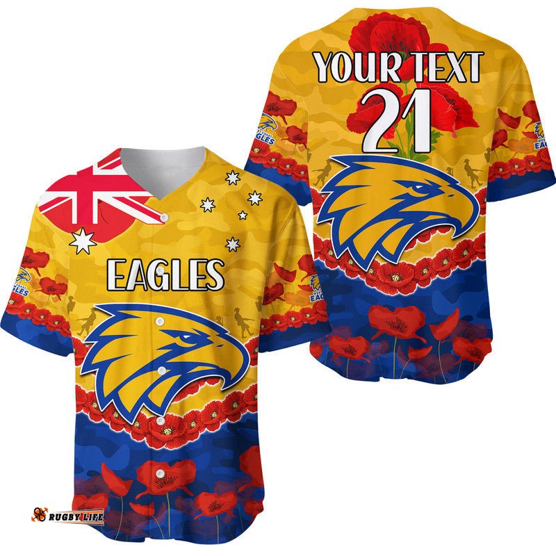 Custom Personalised West Coast Eagles Football ANZAC Baseball Jersey Shirt Lest We Forget