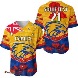 Custom Personalised West Coast Eagles Football ANZAC Baseball Jersey Shirt Lest We Forget
