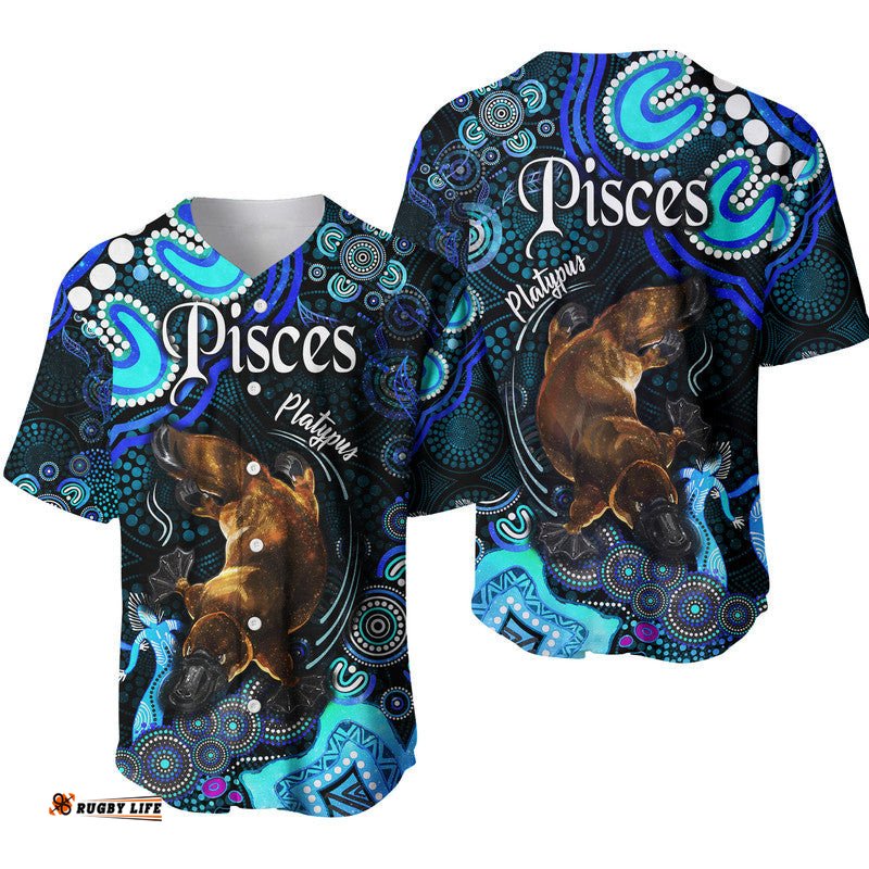 Australian Astrology Baseball Jersey Shirt Pisces Platypus Zodiac Aboriginal Vibes Blue