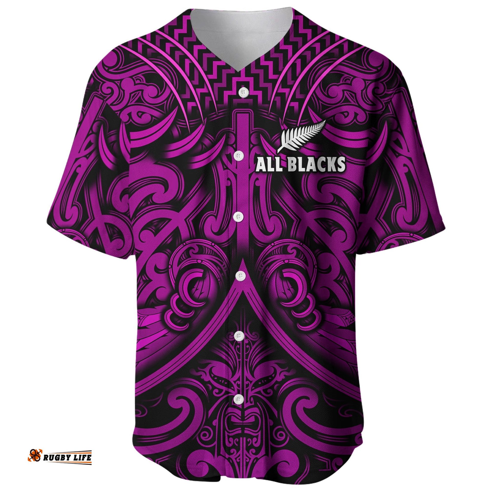 New Zealand Silver Fern Rugby Baseball Jersey Shirt All Black Purple NZ Maori Pattern