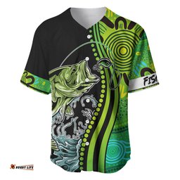 Australia Fishing Baseball Jersey Shirt Aboriginal Rise And Shine A Bass Fish Jumps Out Of Water And Aboriginal Patterns Inspired