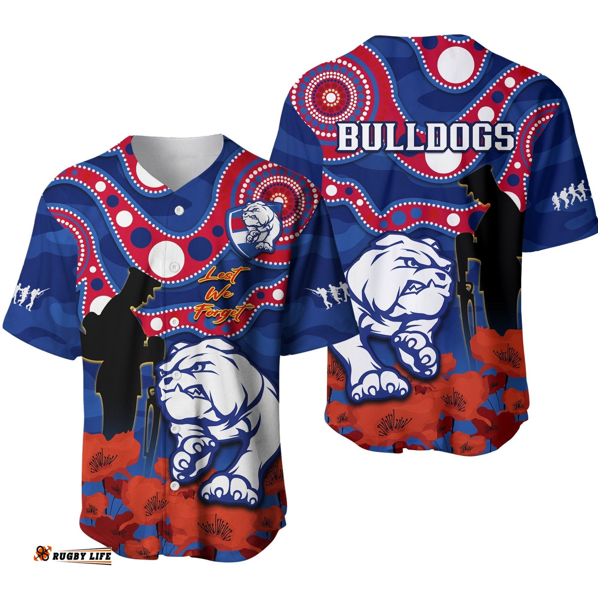 Western Bulldogs Football ANZAC Baseball Jersey Shirt Doggies Aboriginal Mix Poppy Camouflage Ver.01