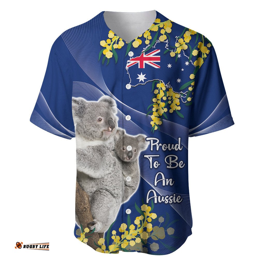 Australia Day Baseball Jersey Shirt Proud To Be An Aussie Koala With Map Golden Wattle