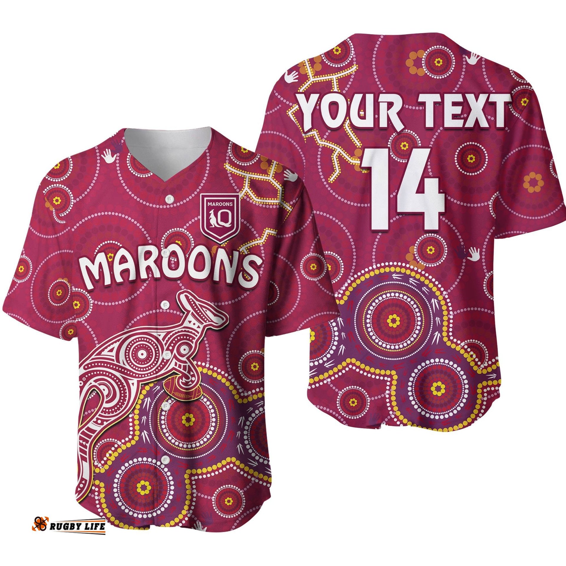 Custom Text And Number Maroons Rugby Baseball Jersey Shirt Kangaroo Indigenous Pattern Unique Version
