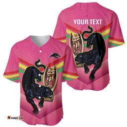 Personalised Panthers Rugby 2024 Baseball Jersey Shirt Mascot With Trophy Go Champions Aboriginal Art Pink