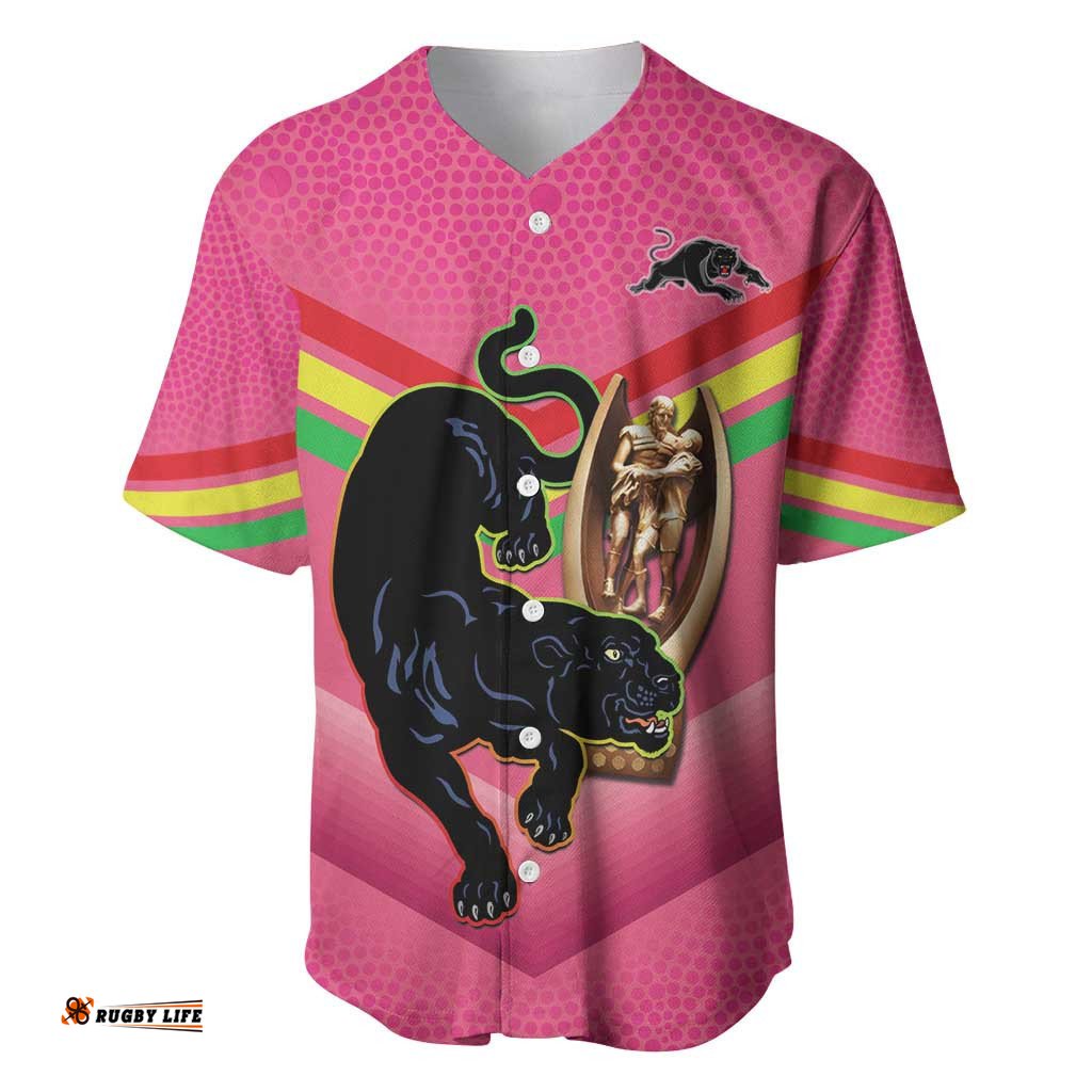 Personalised Panthers Rugby 2024 Baseball Jersey Shirt Mascot With Trophy Go Champions Aboriginal Art Pink