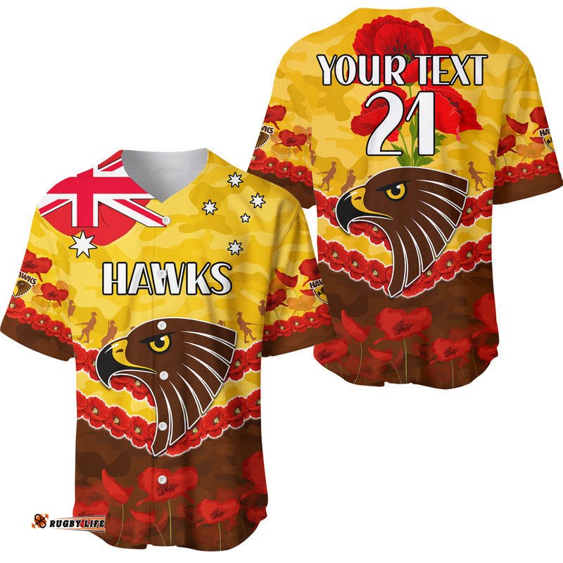 Custom Personalised Hawks Football ANZAC Baseball Jersey Shirt Lest We Forget