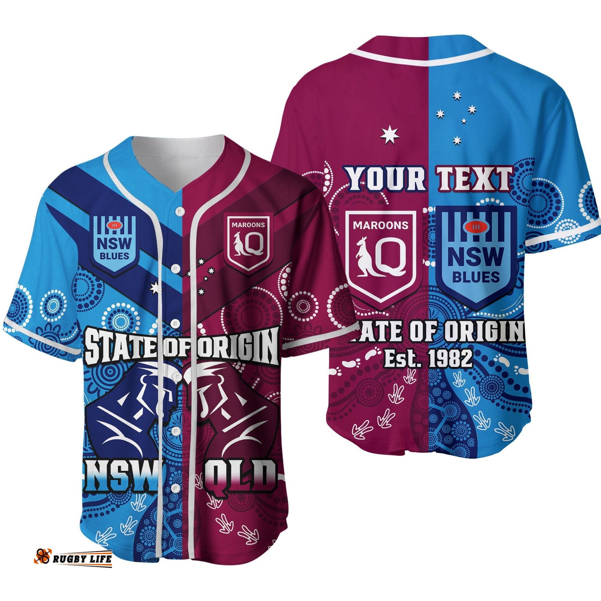 Custom Personalised QLD Maroons And NSW Blues Rugby Baseball Jersey Shirt State of Origin Indigenous Ver.02