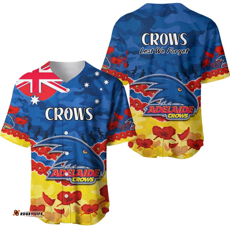 Adelaide Crows Football ANZAC Baseball Jersey Shirt Lest We Forget