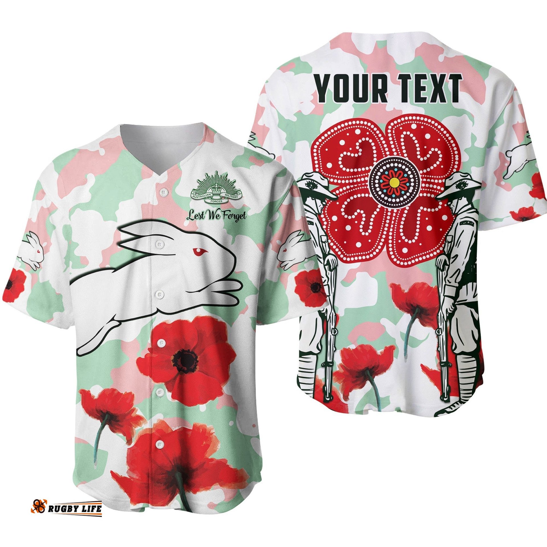 Custom Personalised Rabbitohs Anzac Day Baseball Jersey Shirt Poppies Aboriginal Proud Soldiers