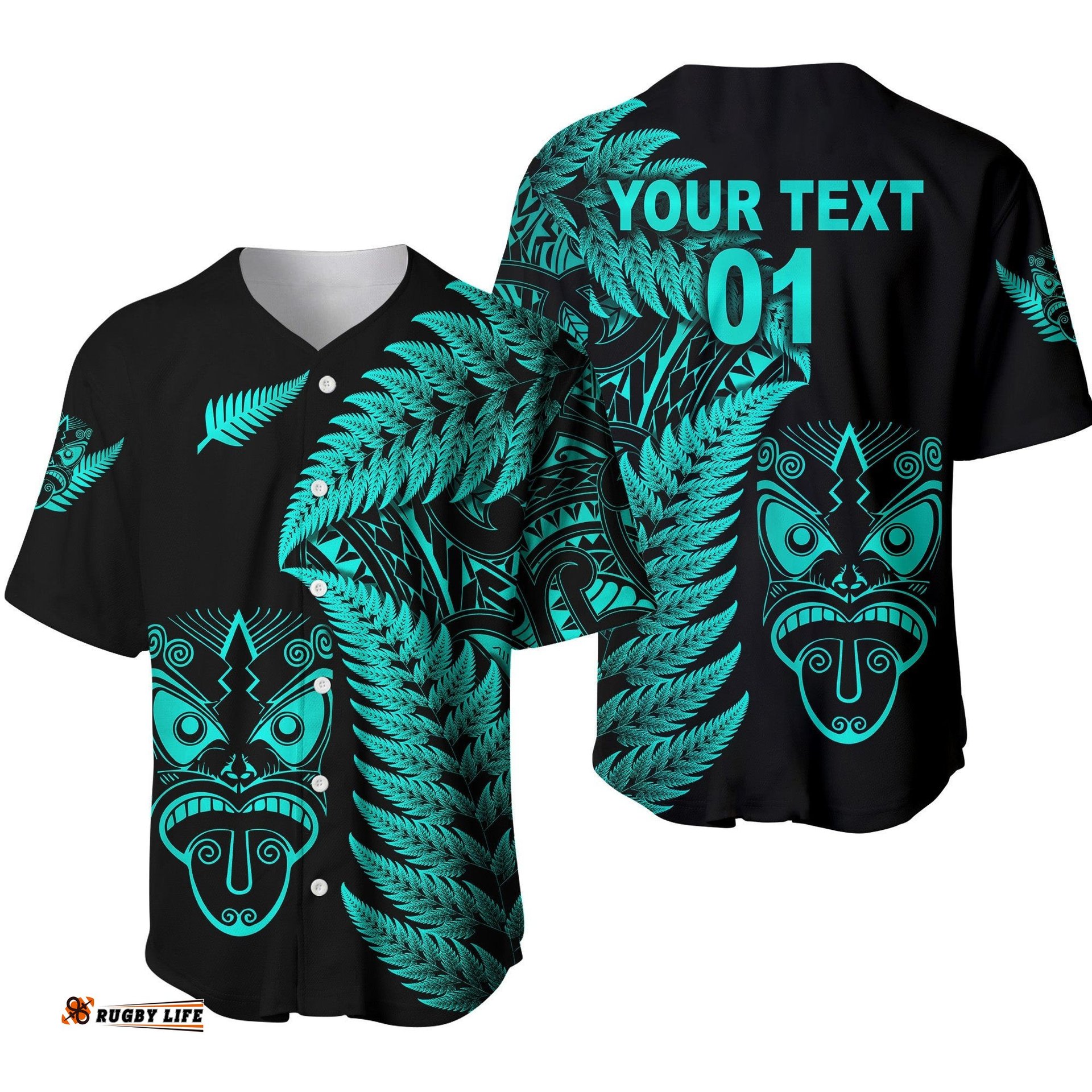 Custom Personalised New Zealand Haka Rugby Maori Baseball Jersey Shirt Silver Fern Vibes Turquoise