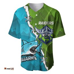 Personalised Sharks And Raiders Rugby Baseball Jersey Shirt Sporty Style