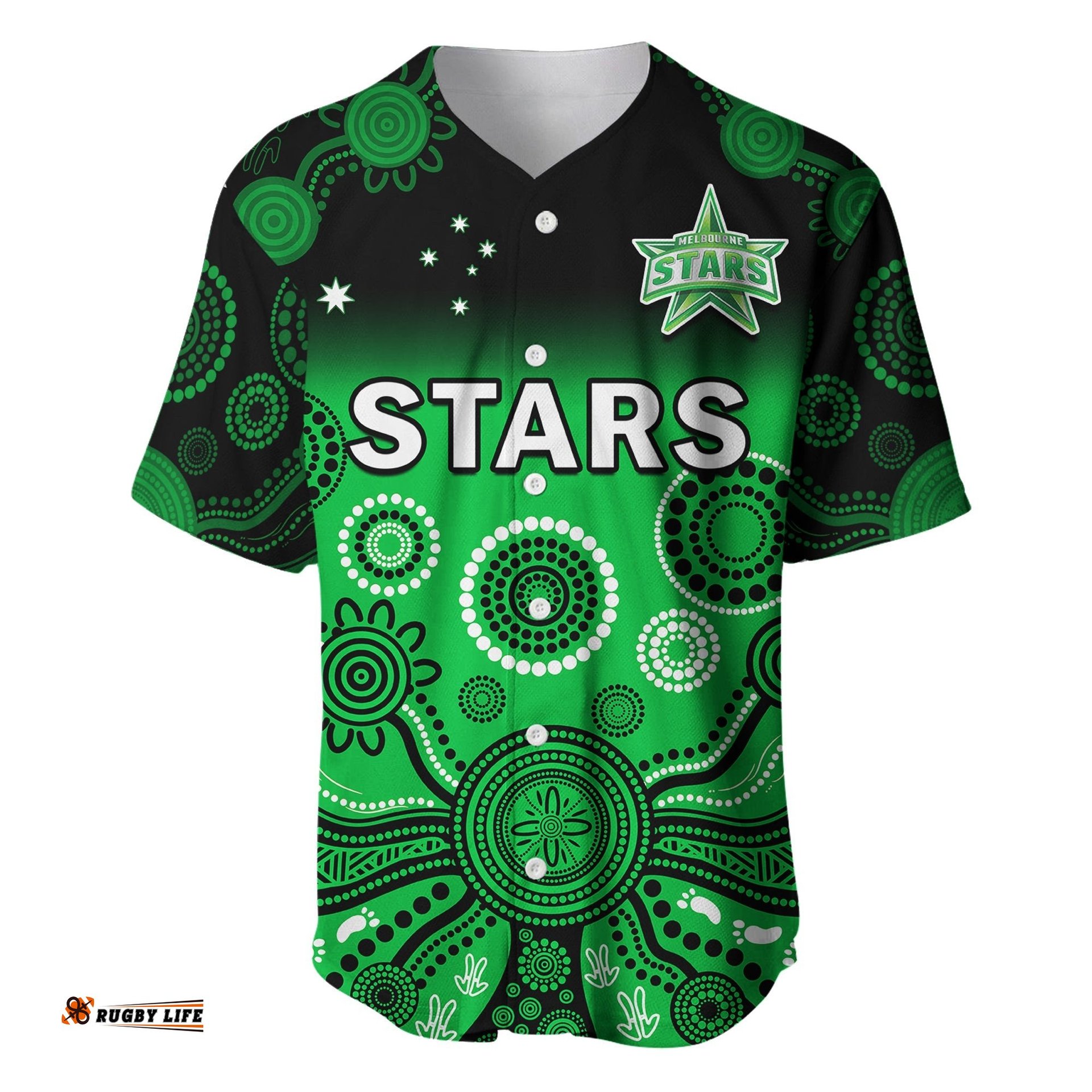 Stars Cricket Baseball Jersey Shirt Melbourne Team Green Gradient Aboriginal Art