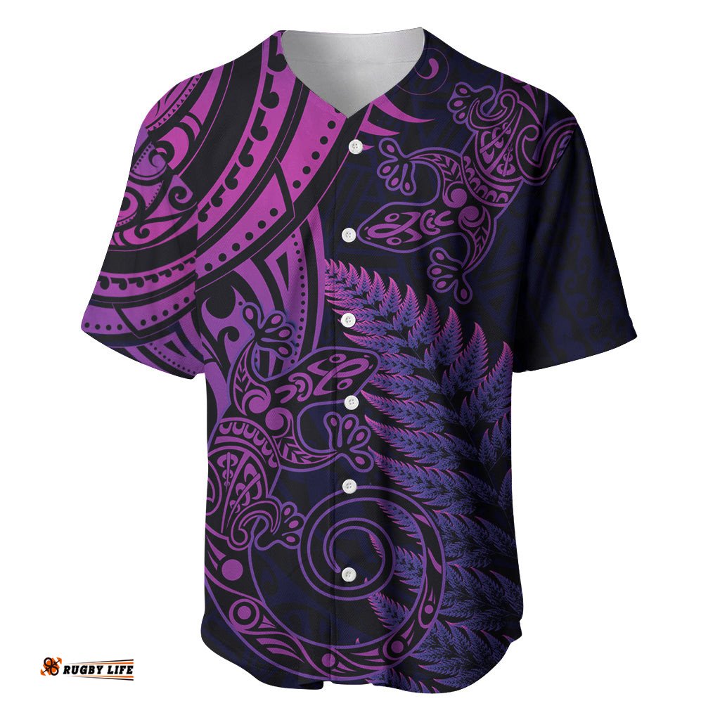New Zealand Lizard Baseball Jersey Shirt Silver Fern Aotearoa Maori Purple Version