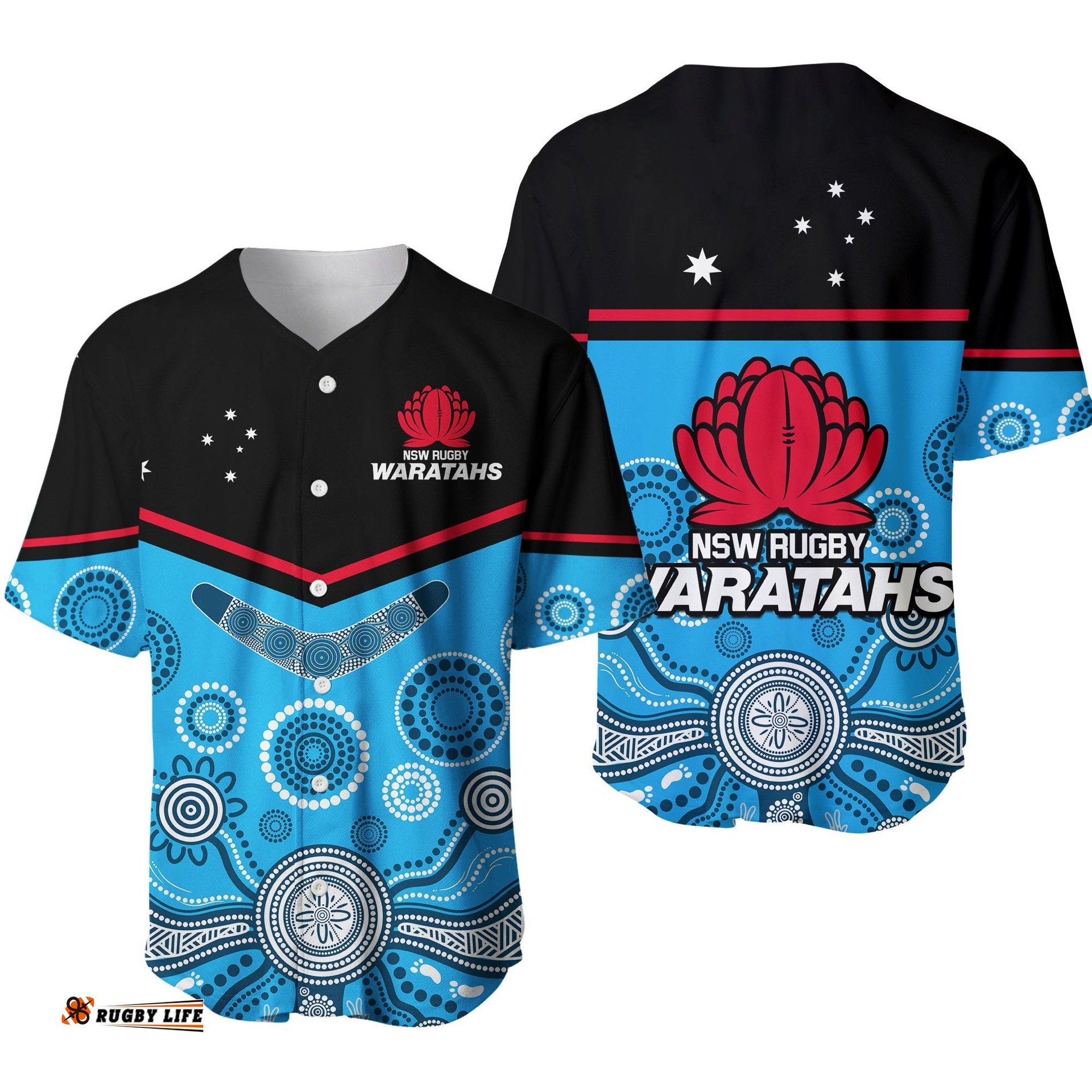 Waratahs Super Rugby Baseball Jersey Shirt NSW Tahs Indigenous Art Ver.01