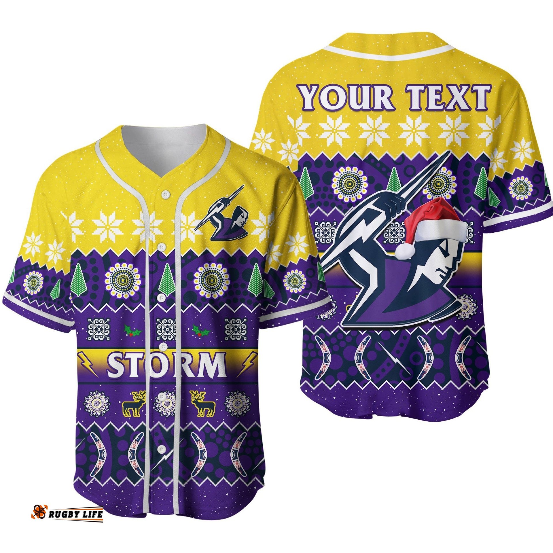 Custom Personalised Melbourne Storm Christmas Baseball Jersey Shirt Aboriginal Art Merry Xmas Ver.02