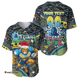 Merry Christmas Gold Coast Titans Baseball Jersey Shirt Aboriginal Santa Rugby Mascot Light Blue