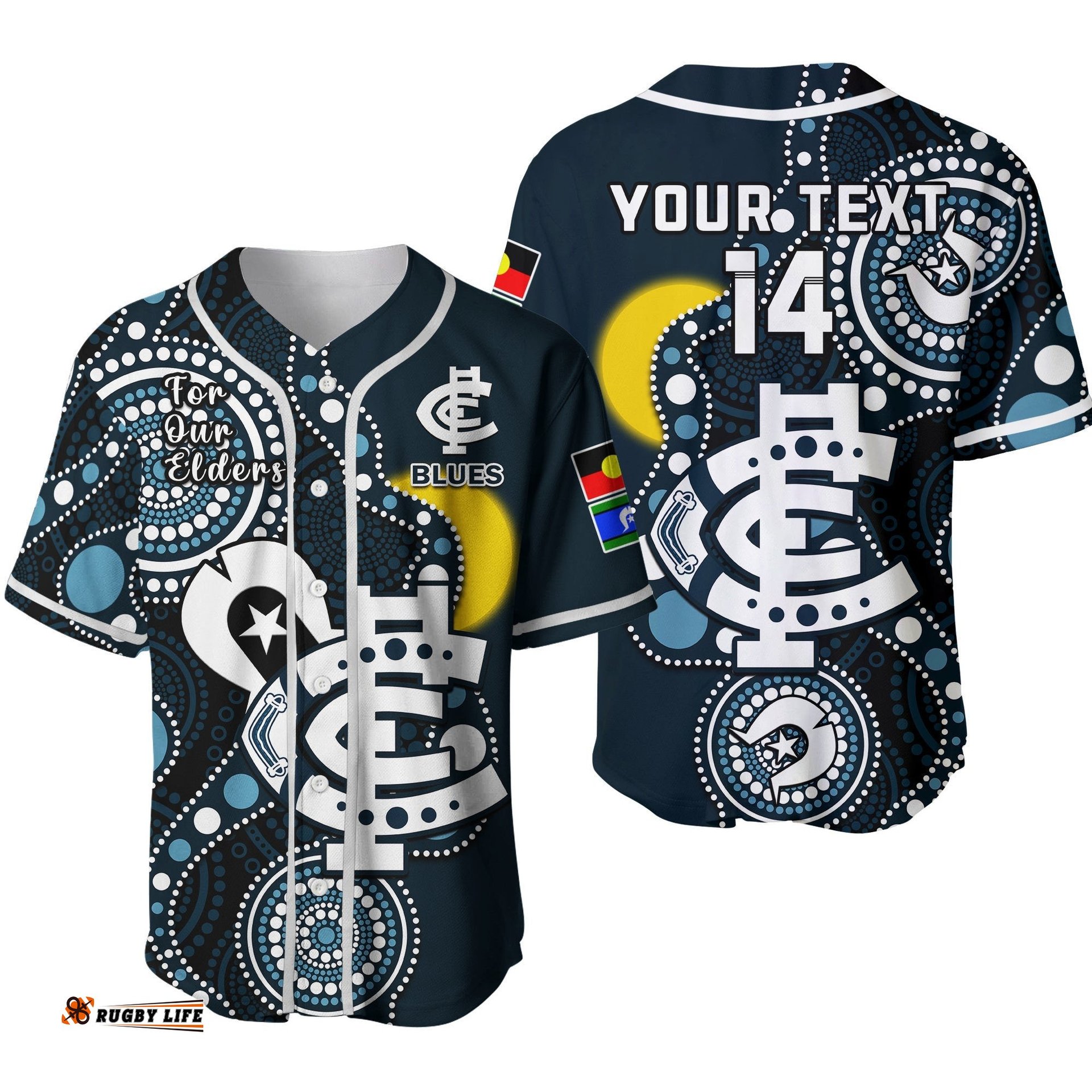 Custom Text And Number Carlton Football NAIDOC Baseball Jersey Shirt Blues For Our Elders Indigenous Art Ver.02