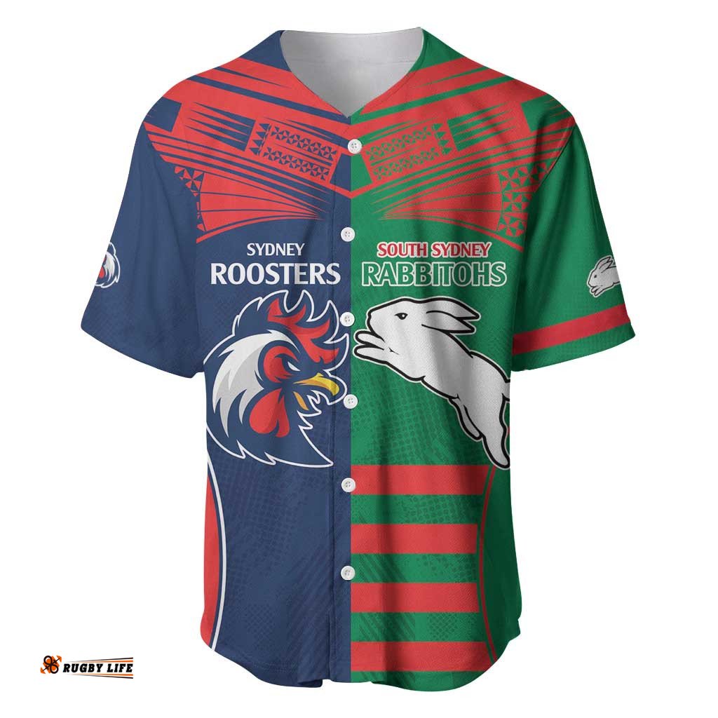 Custom Roosters Rabbitohs Baseball Jersey Shirt NRL Tribal Half Style