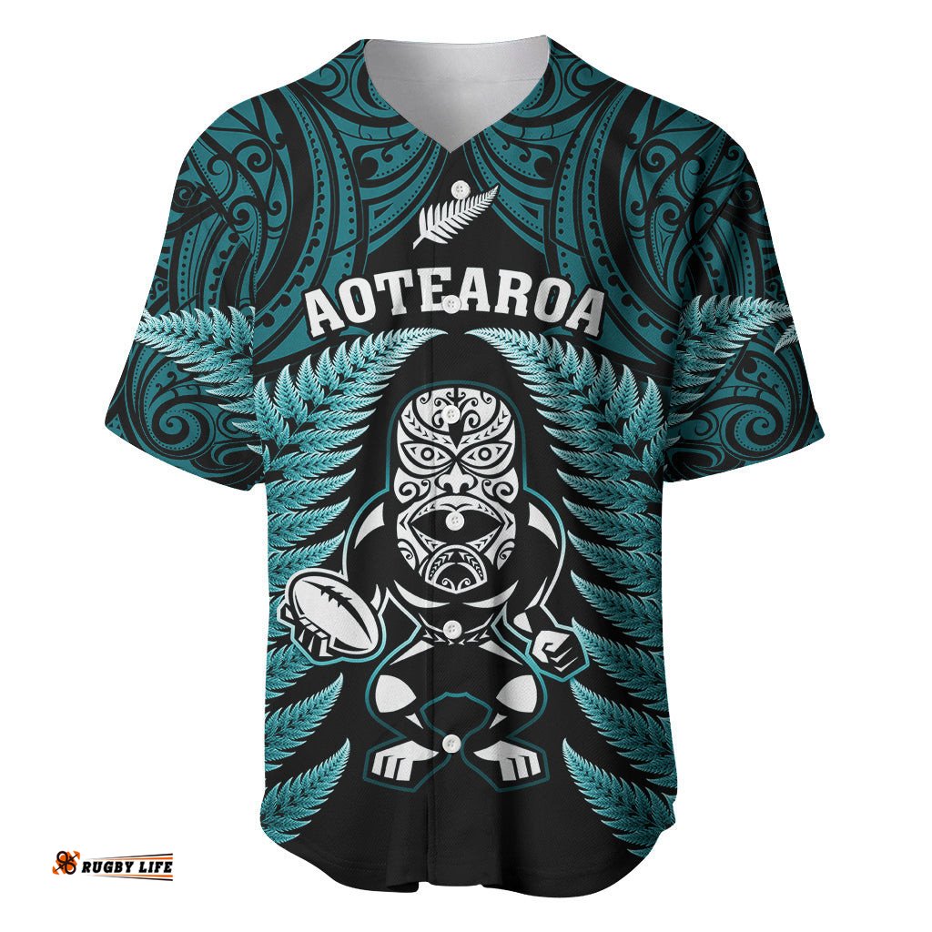 New Zealand Aotearoa Rugby Baseball Jersey Shirt NZ Tiki With Maori Fern World Cup Turquoise Version