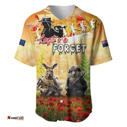 Australia And New Zealand ANZAC Day Baseball Jersey Shirt Kangaroo And Kiwi Bird Soldiers Lest We Forget