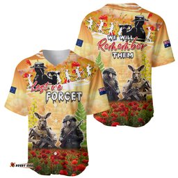 Australia And New Zealand ANZAC Day Baseball Jersey Shirt Kangaroo And Kiwi Bird Soldiers Lest We Forget