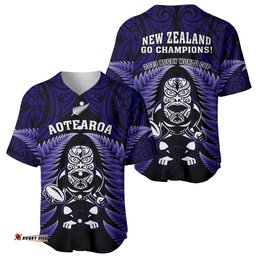 New Zealand Aotearoa Rugby Baseball Jersey Shirt NZ Tiki With Maori Fern World Cup Blue Version