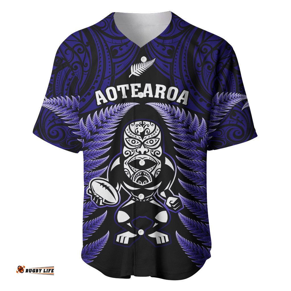 New Zealand Aotearoa Rugby Baseball Jersey Shirt NZ Tiki With Maori Fern World Cup Blue Version