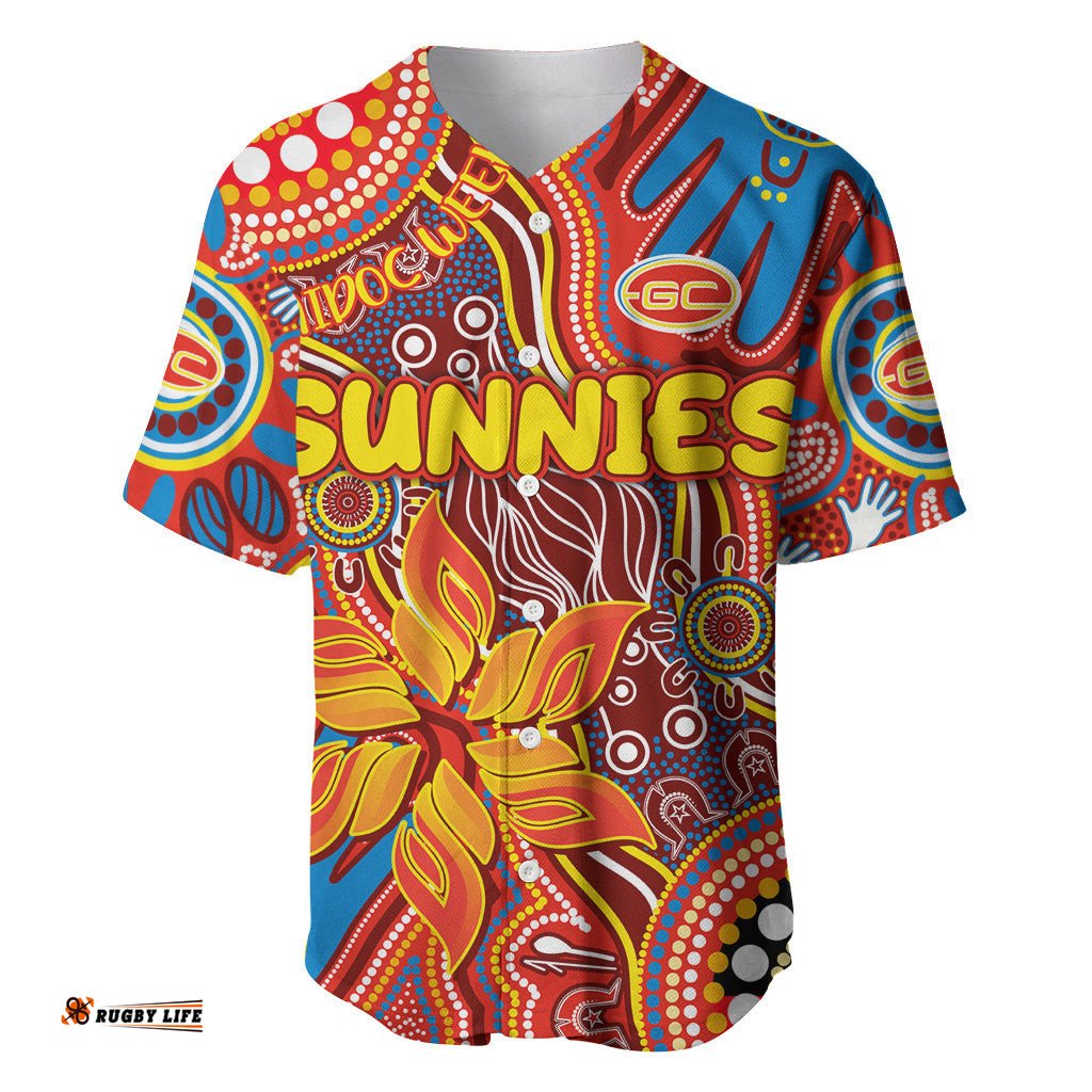 Personalised NAIDOC Week 2024 Gold Coast Suns Baseball Jersey Shirt Australian Aboriginal Hand Painting