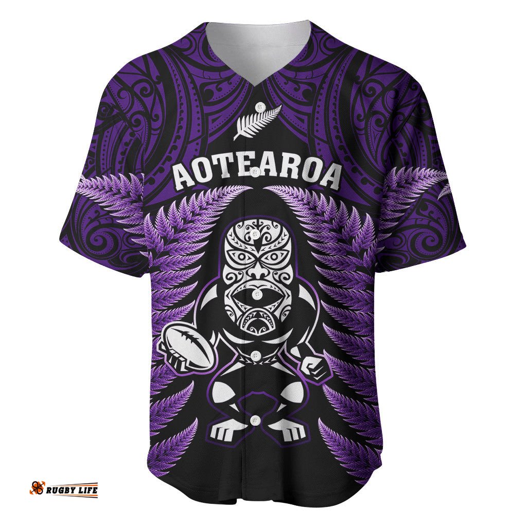 New Zealand Aotearoa Rugby Baseball Jersey Shirt NZ Tiki With Maori Fern World Cup Purple Version