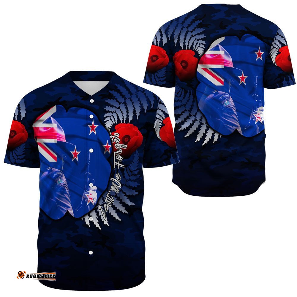 New Zealand Anzac Day Poppy Baseball Jersey Shirt