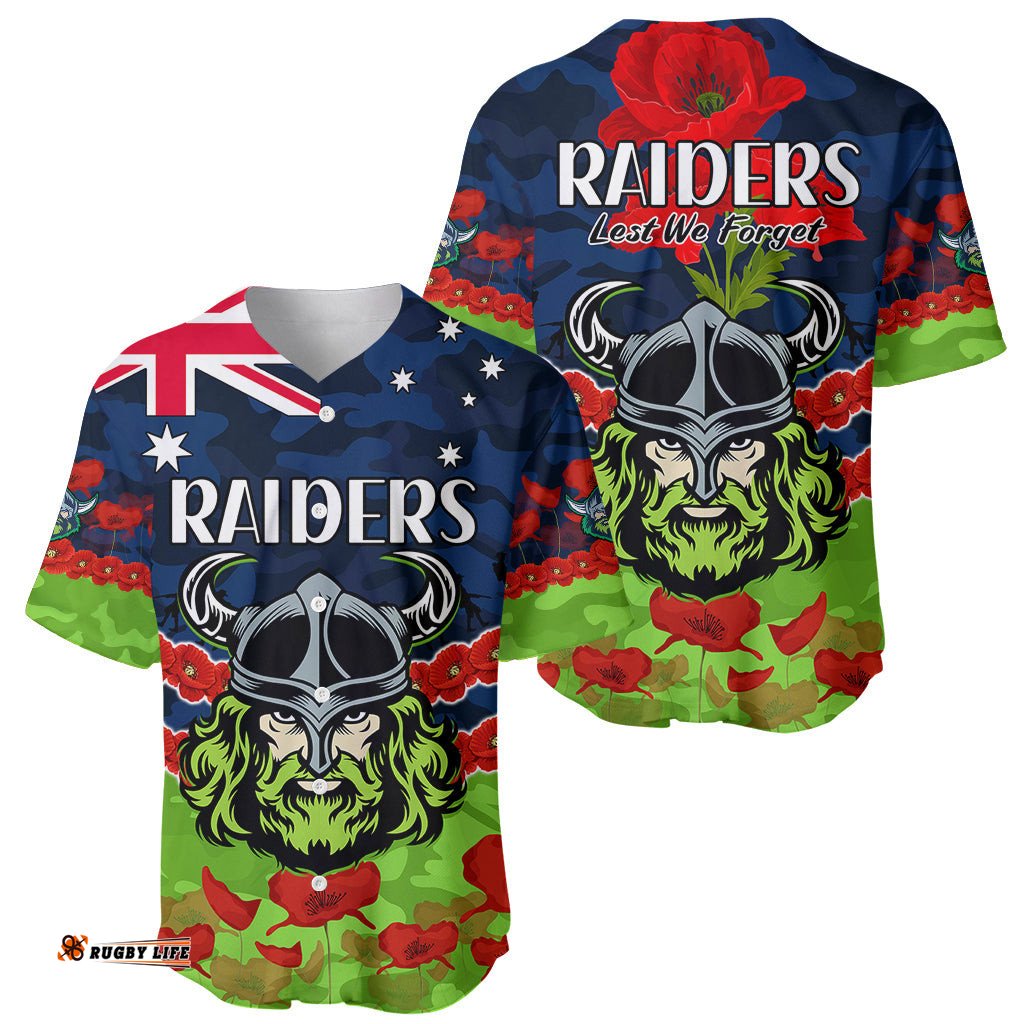 Raiders Rugby ANZAC Baseball Jersey Shirt Lest We Forget