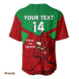 Custom Wales Rugby Baseball Jersey Shirt 2024 Six Nations Come On Cymru Mascot Sporty