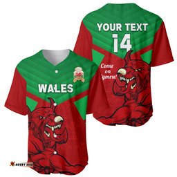Custom Wales Rugby Baseball Jersey Shirt 2024 Six Nations Come On Cymru Mascot Sporty
