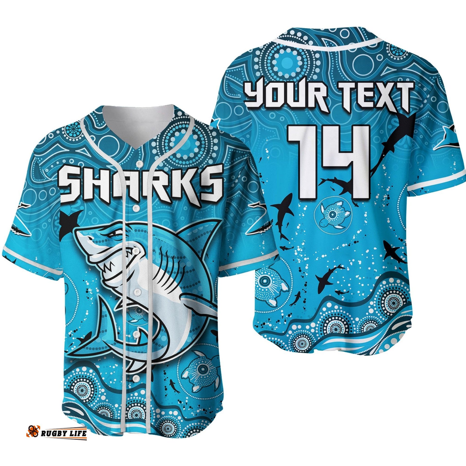 Custom Text And Number Sharks Rugby Baseball Jersey Shirt Go Sharkies Aboriginal Special Version Ver.02