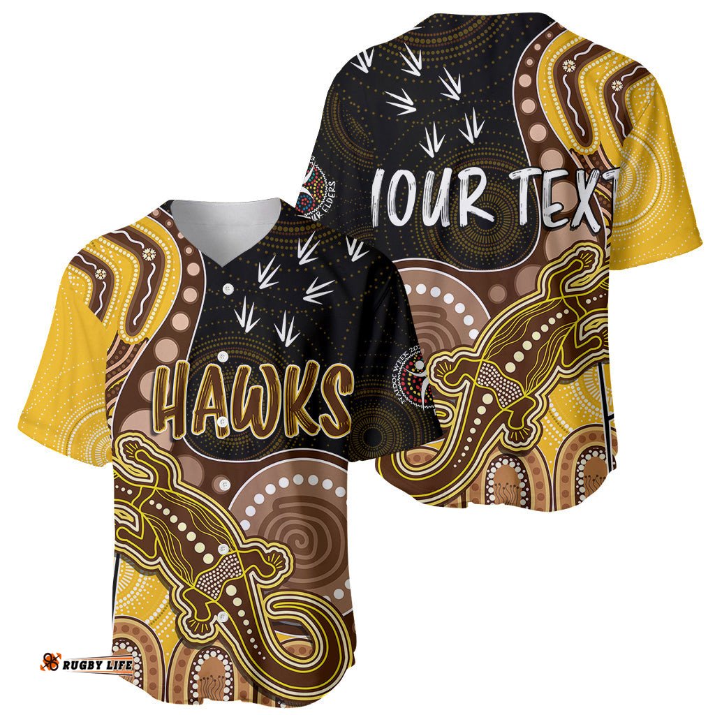 Personalised NAIDOC Week AFL Hawks Baseball Jersey Shirt Aboriginal Dot Art Lizard Mix Boomerang