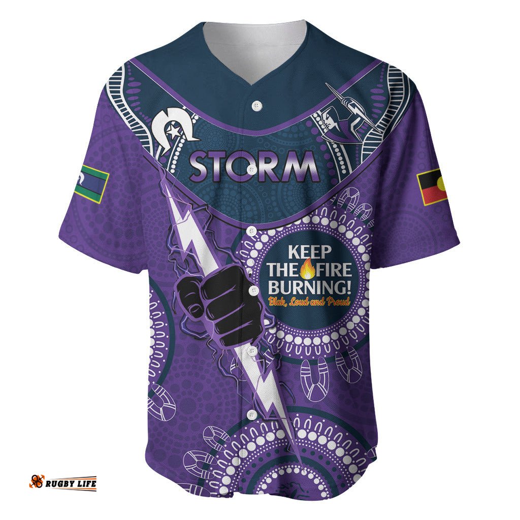 Custom NRL Storm NAIDOC Week Baseball Jersey Shirt Keep The Fire Burning Indigenous Art