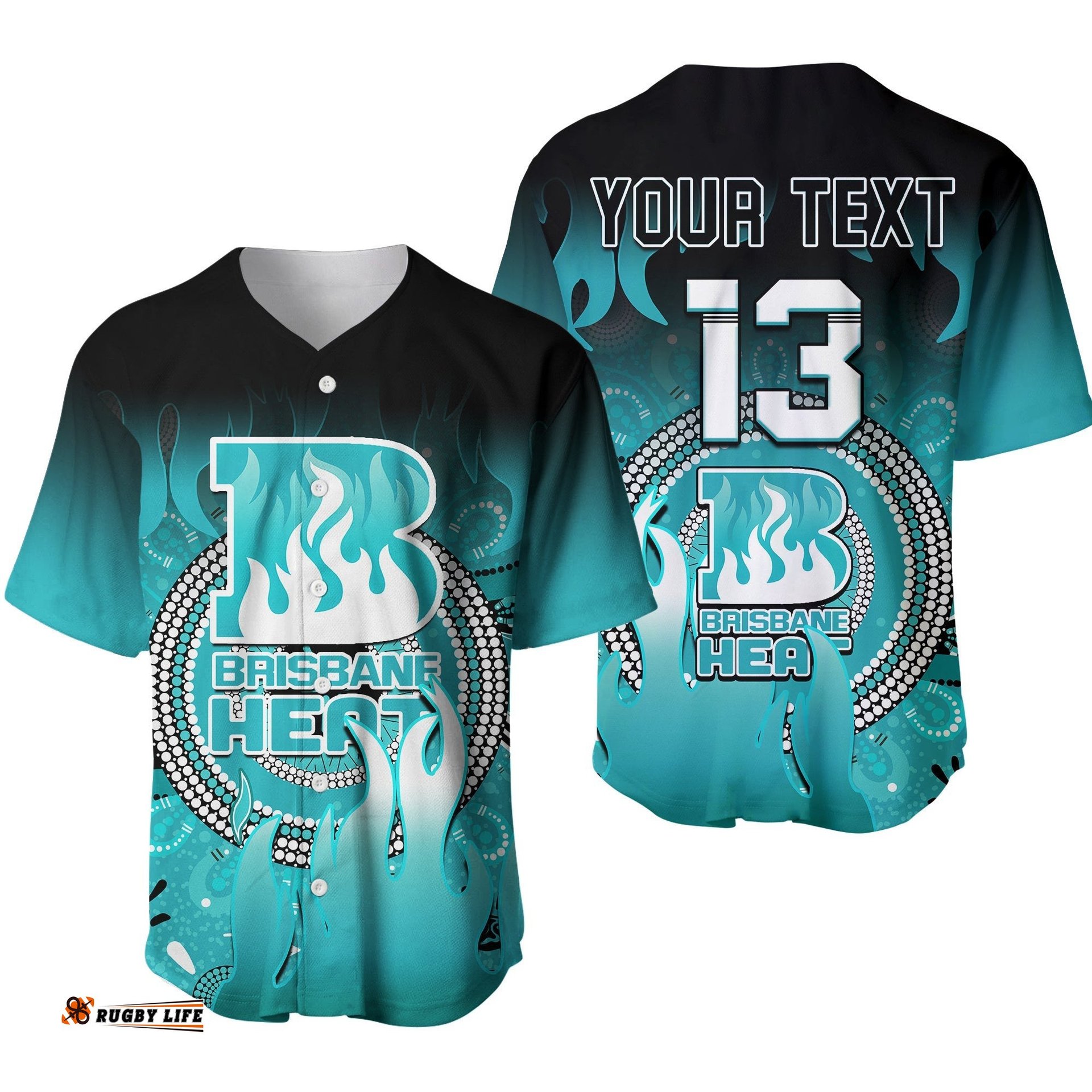 Custom Text and Number Brisbane Heat Baseball Jersey Shirt Aboriginal Sunshine