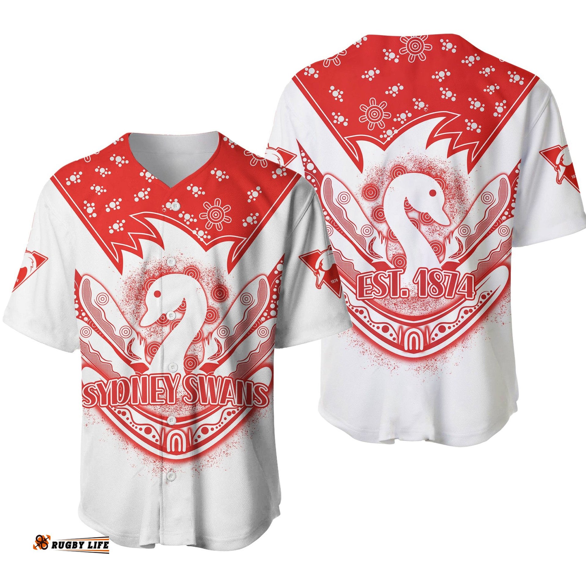 Swans Football Baseball Jersey Shirt Est 1874 Aboriginal Boomerang Sydney Bloods