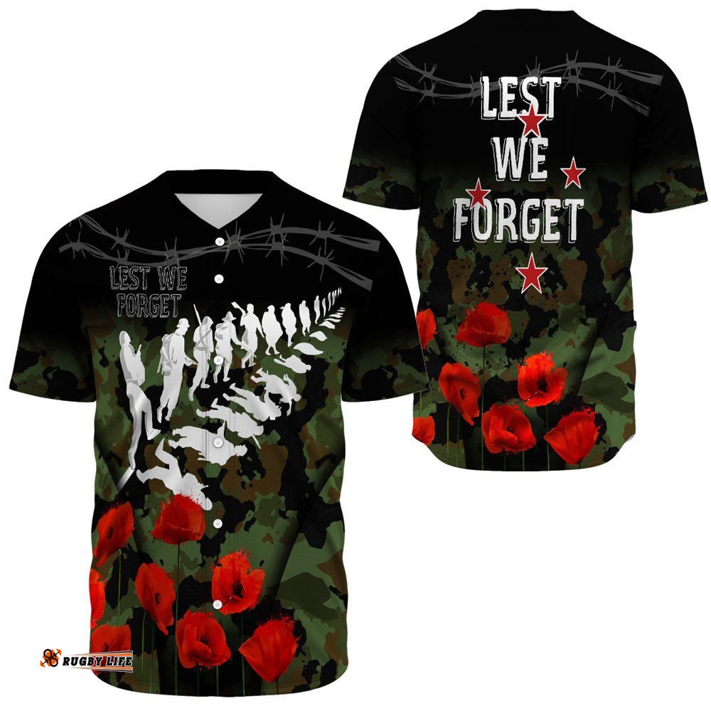 New Zealand Anzac Lest We Forget Poppy Camo Baseball Jersey Shirt