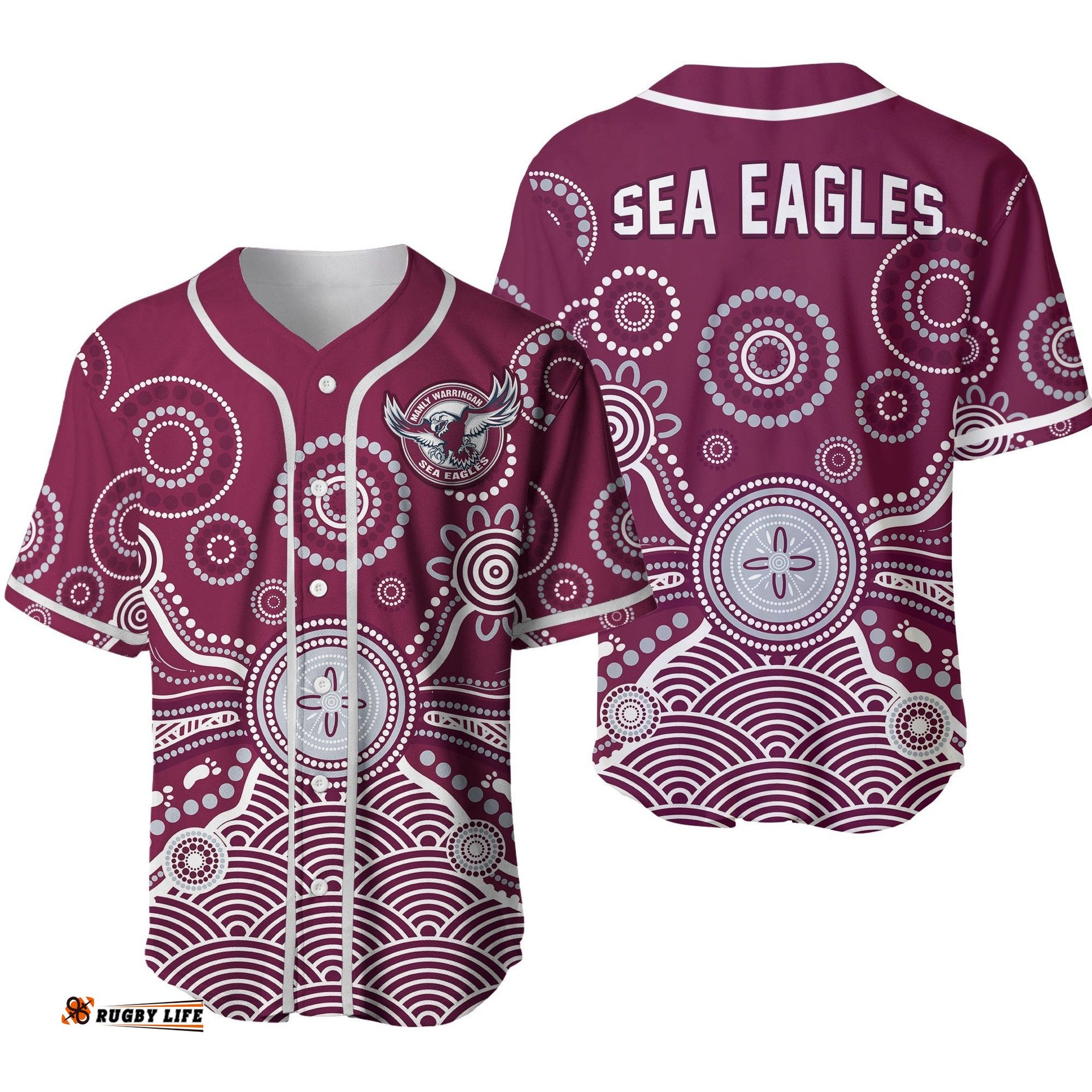 Sea Eagles Baseball Jersey Shirt Manly Warringah 1946 Indigenous Painting Ver.02