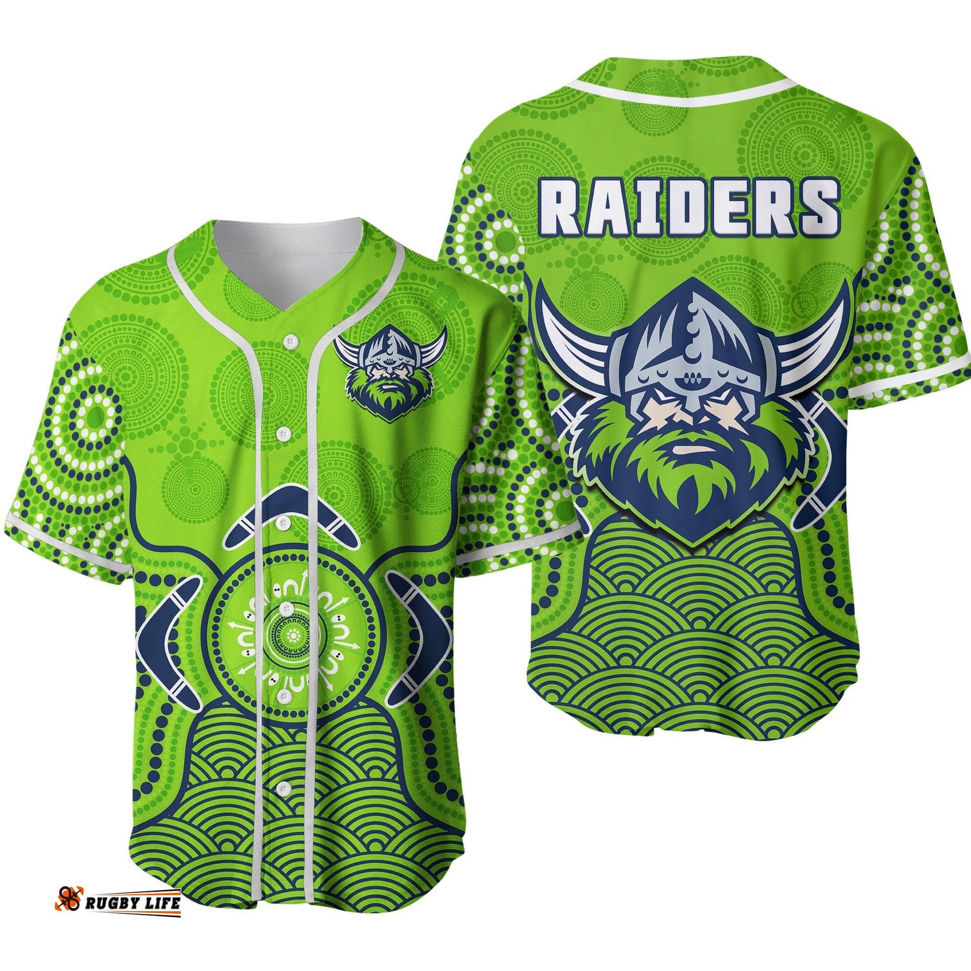 Raiders Rugby Baseball Jersey Shirt The Green Machine Indigenous Artsy Ver.02