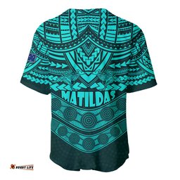 Matildas Soccer Baseball Jersey Shirt Polynesian and Aboriginal Turquoise Vibe