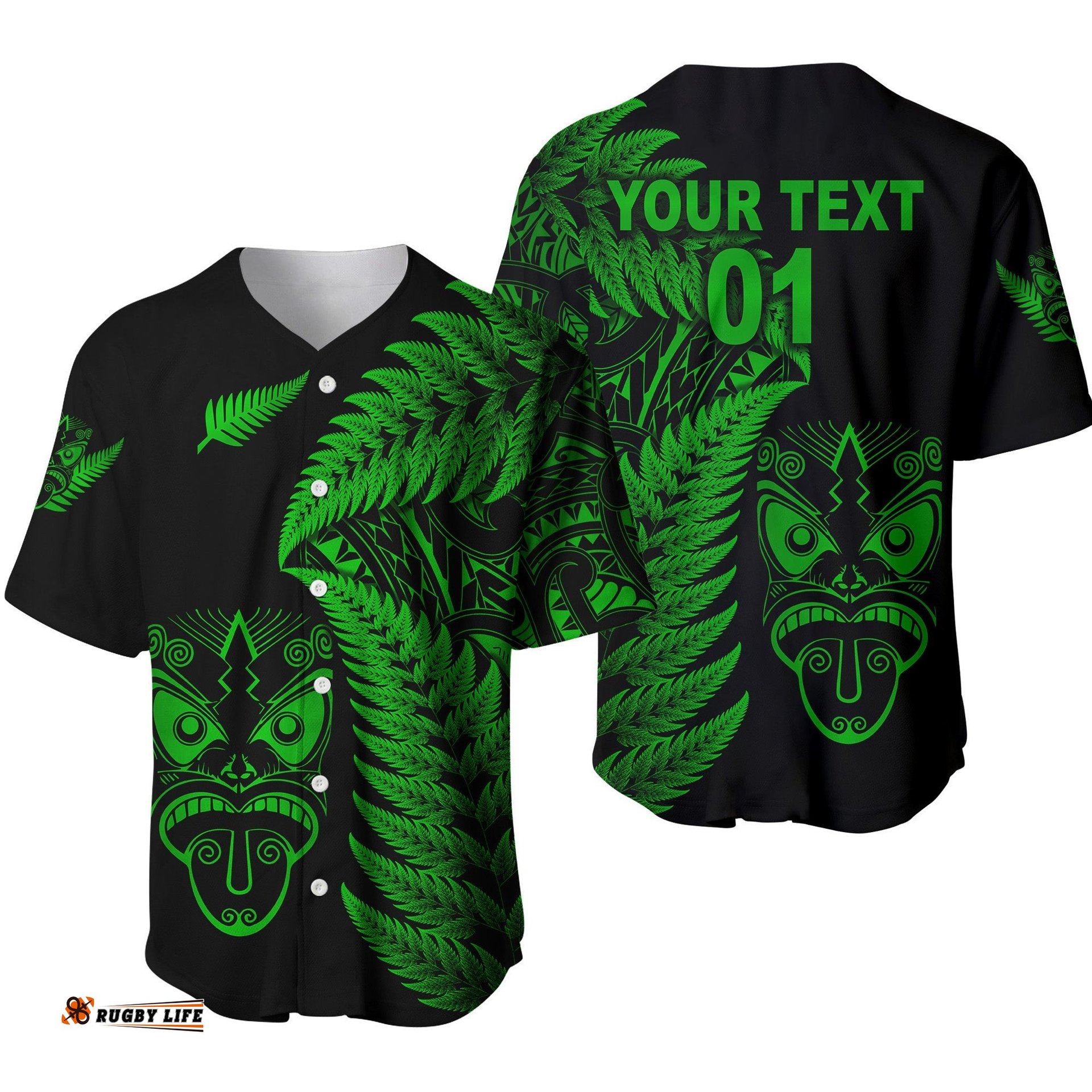 Custom Personalised New Zealand Haka Rugby Maori Baseball Jersey Shirt Silver Fern Vibes Green
