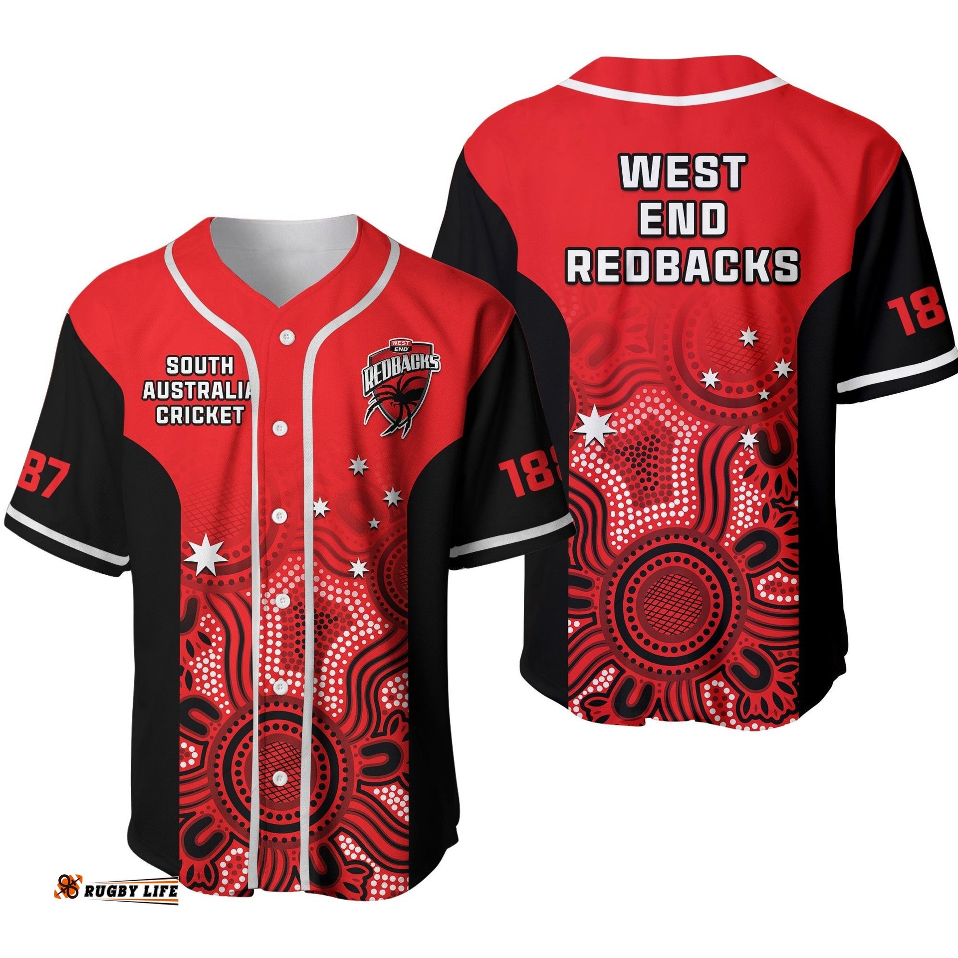 South Australia Cricket Baseball Jersey Shirt West End Redbacks Sheffield Shield Indigenous Ver.02