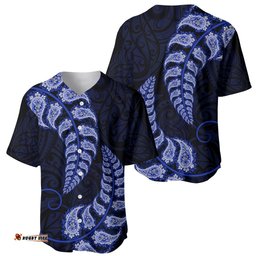 Blue New Zealand Paisley Silver Fern Baseball Jersey Shirt Aotearoa Maori