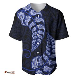 Blue New Zealand Paisley Silver Fern Baseball Jersey Shirt Aotearoa Maori