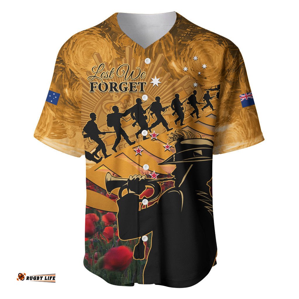 ANZAC Day 2024 Baseball Jersey Shirt Silver Fern With A Trumpet Soldier