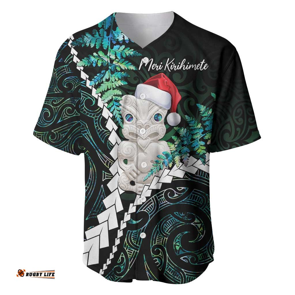 New Zealand Personalised Baseball Jersey Shirt Meri Kirihimete Kowhaiwhai Mix Paua Shell Emerald